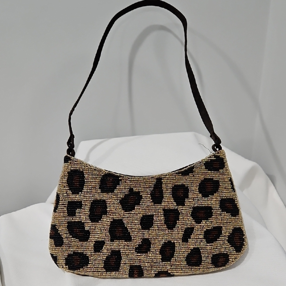 Leopard Beaded Shoulder Bag - Brown/Black